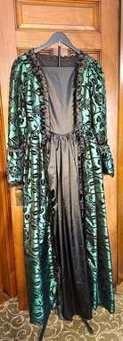 Gothic Victorian Green and Black Floral Brocade Costume Dress with Choker Size S